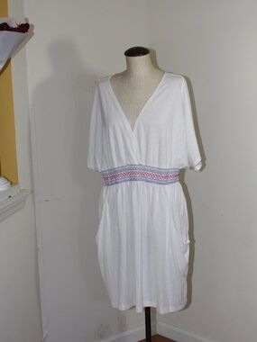 Catalina White V-Neck Dress with Pink and Blue Embroidered Waist dress coverup